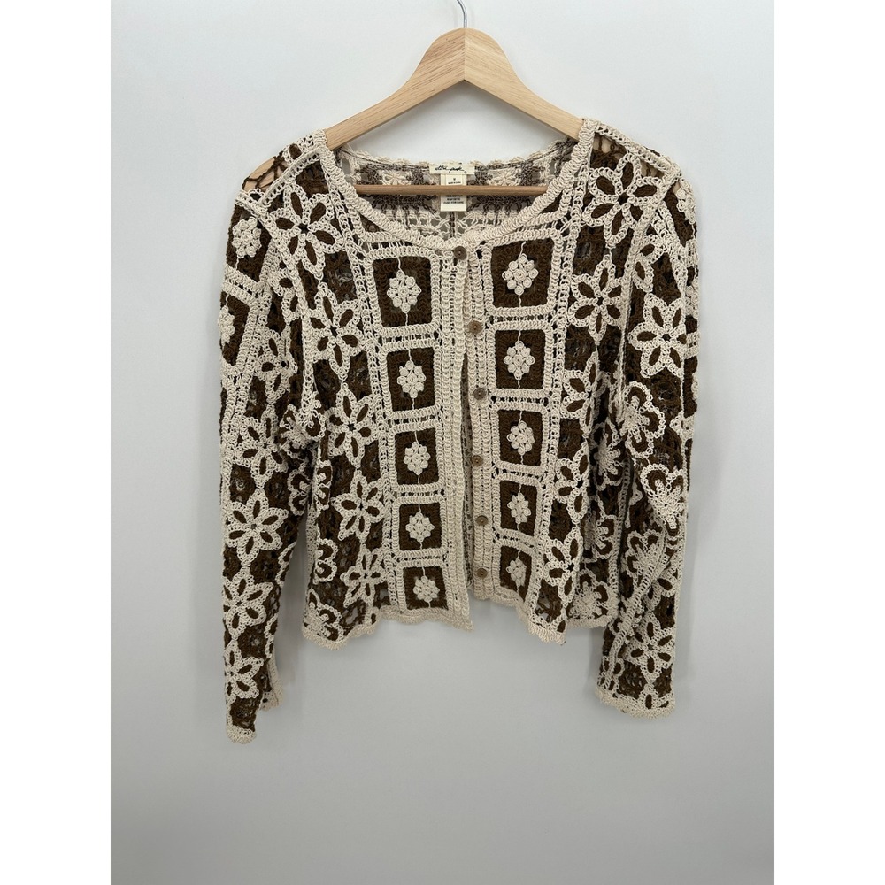 Ultra Pink Crochet Cardigan‎ Sweater Brown Cream Floral Boho Cottagecore M